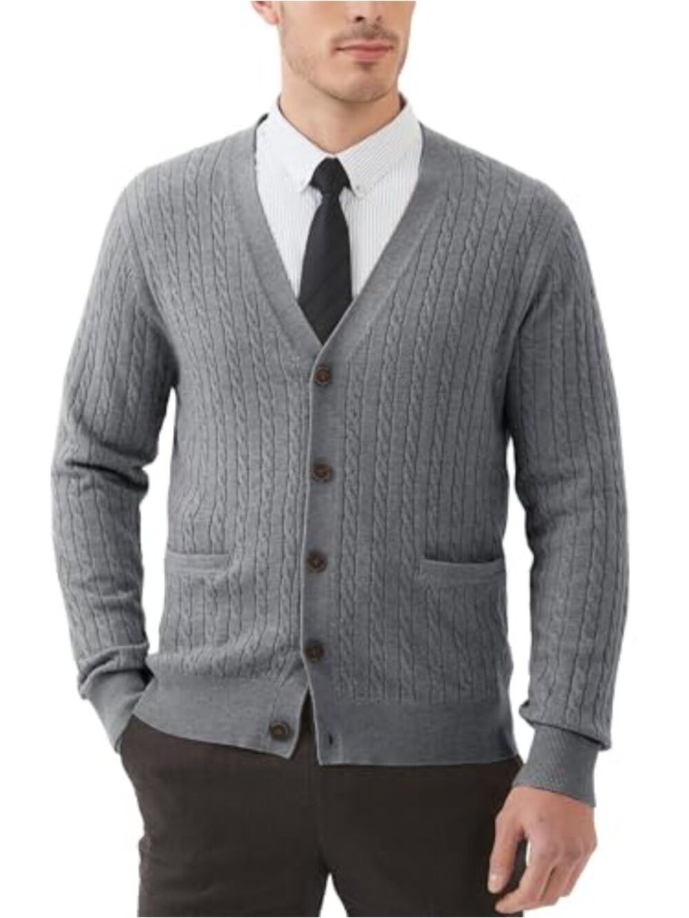 Men's Cable Knit Cardigan Sweater Wool Blend with Pockets, Lightweight